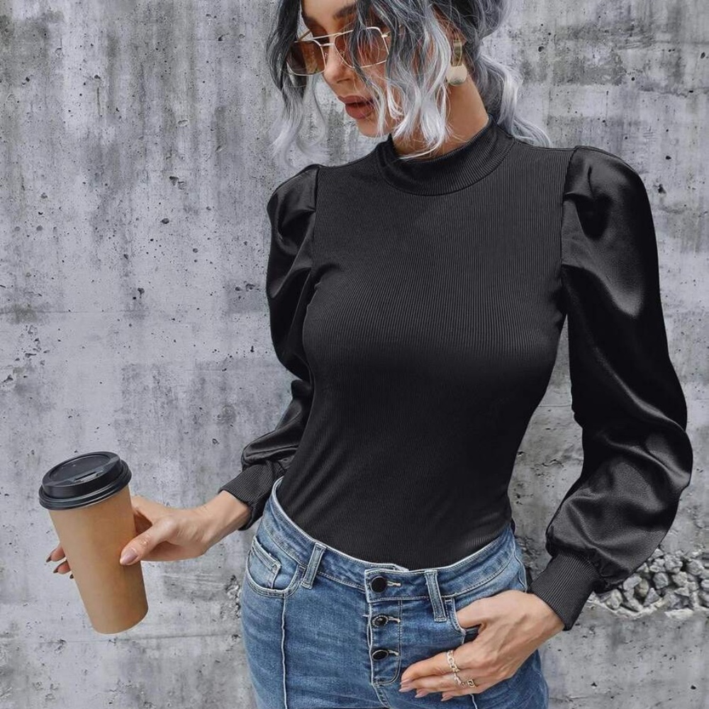 Boho Baby Blue Ribbed long sleeve puff top Satin Minimalist - Picture 8 of 13